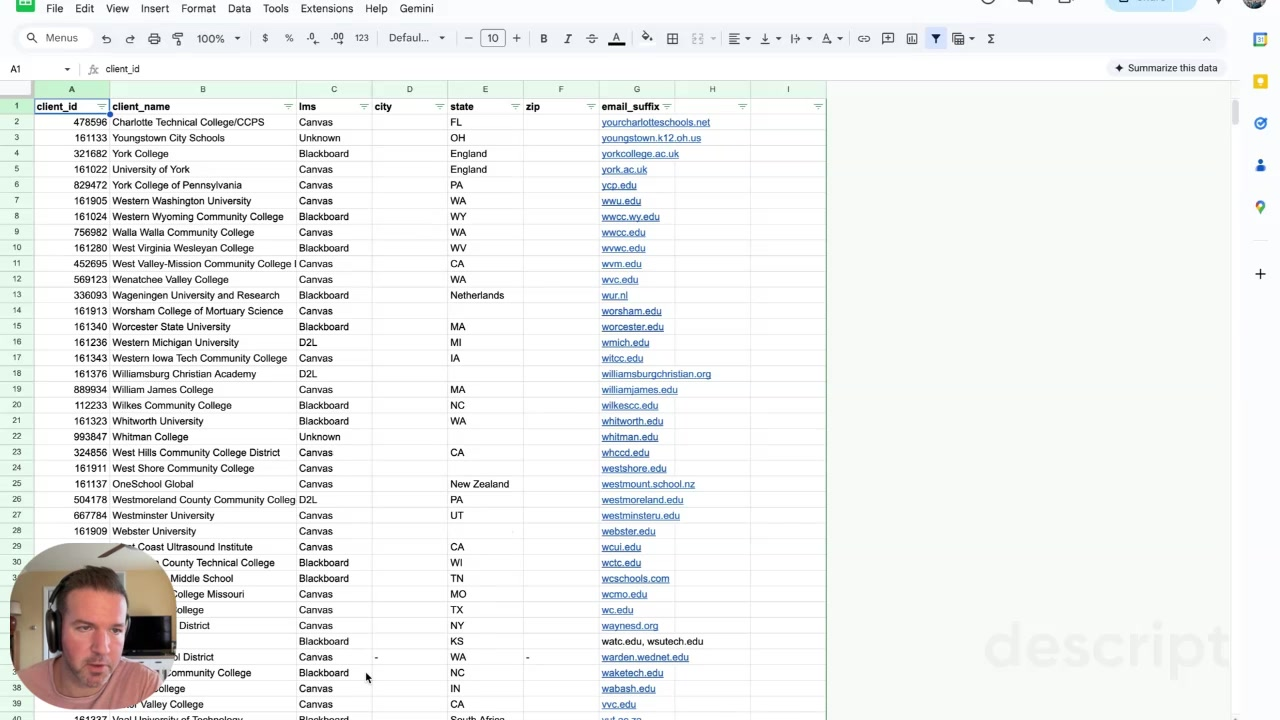 Raw school list imported into Clay